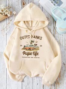 OUTER BANK Ladies Versatile Long Sleeve Pocket Hoodie With Bus & Palm Tree Graphic Print