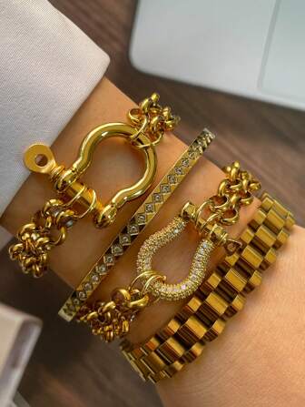 STYLEVER 1 件金色回形针链手链登山扣 | 粗链手链，金色链条手链，金色马蹄形吊坠手链不锈钢链