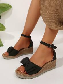 Women's Mesh Bow Decor Platform Wedge Sandals, Comfortable Buckle Closure, Summer,Travel Essential - Black - View 2