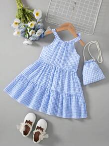 BASUSARRI Girls Ditsy Floral Patchwork Sleeveless Princess Dress With Matching Mini Bag, Cute & Simple Vacation Style - Blue - View 3