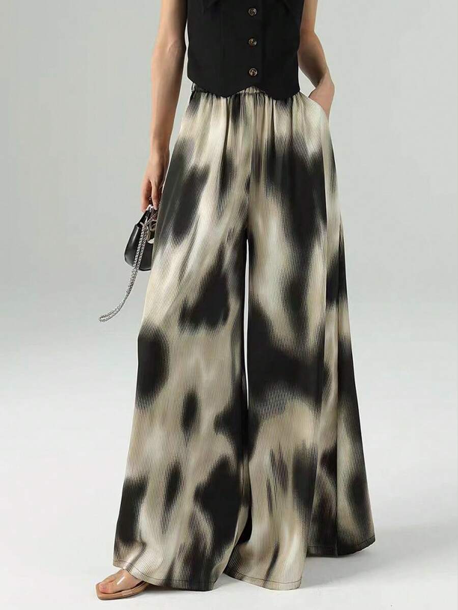 Women Loose High Waist Printed Casual Pants, Draping Design, Versatile - Coffee Brown - View 1