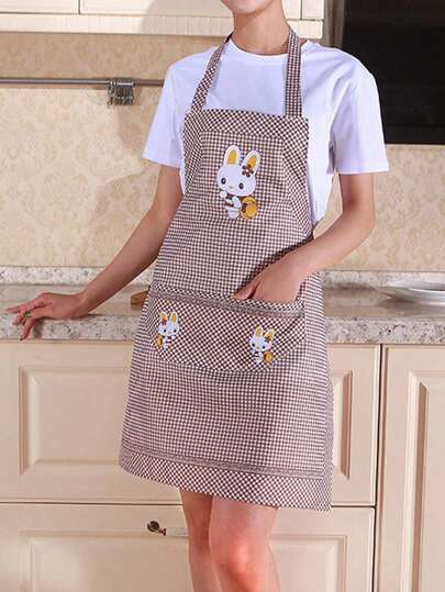 1pc, Convenient Style Adult Neck Hanging Apron With Bunny Pattern, New Kitchen Home Cooking Oil And Stain Proof Apron, Adjustable Belt, Breathable Fabric, Casual For Daily Use,Kitchen,Bathroom,Home,Household Supplies.(Pink, Khaki, Purple, Blue)