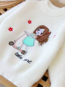 M.Dian xi 2025 Spring/Autumn Children Cartoon Sweater, Young Girl Round Neck Thermal Lined Thickened Plush Pullover, Knitted Top
