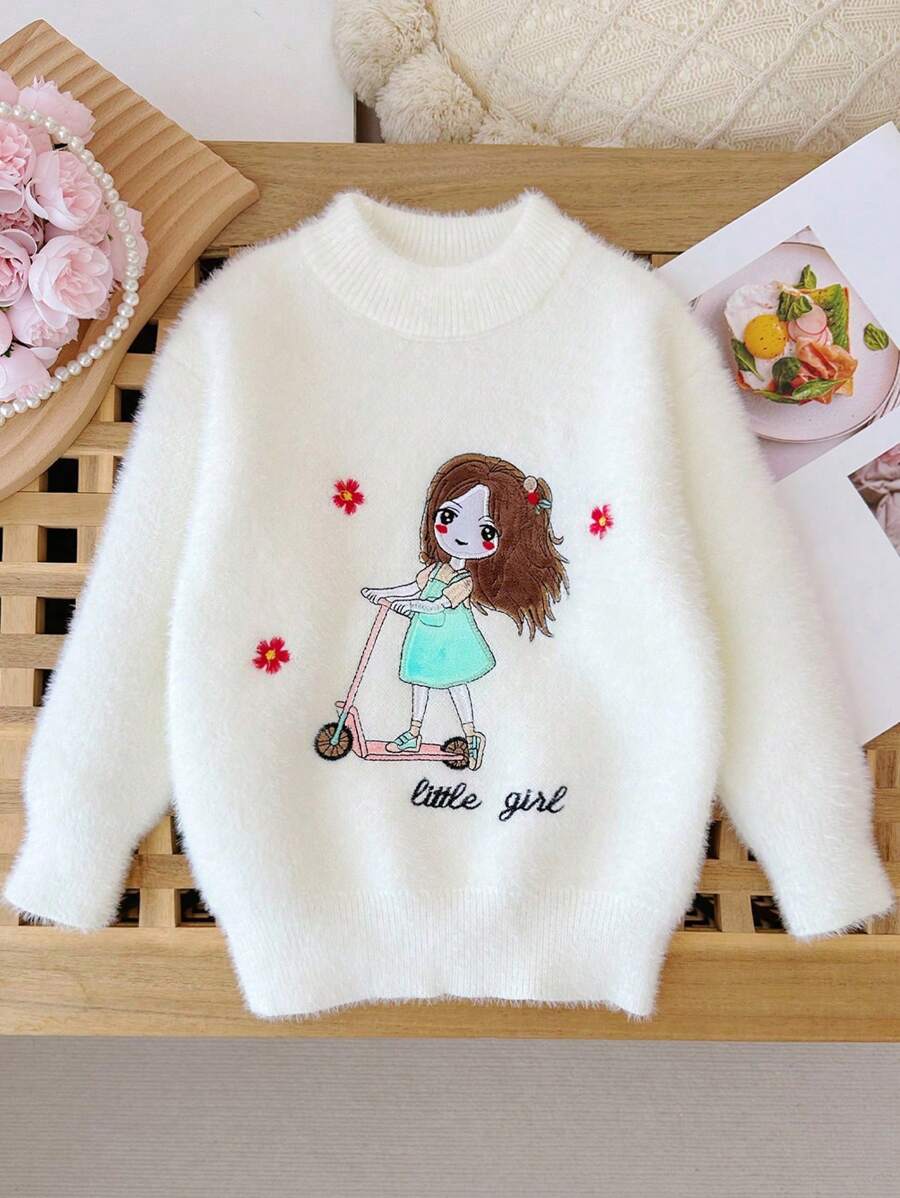 M.Dian xi 2025 Spring/Autumn Children Cartoon Sweater, Young Girl Round Neck Thermal Lined Thickened Plush Pullover, Knitted Top