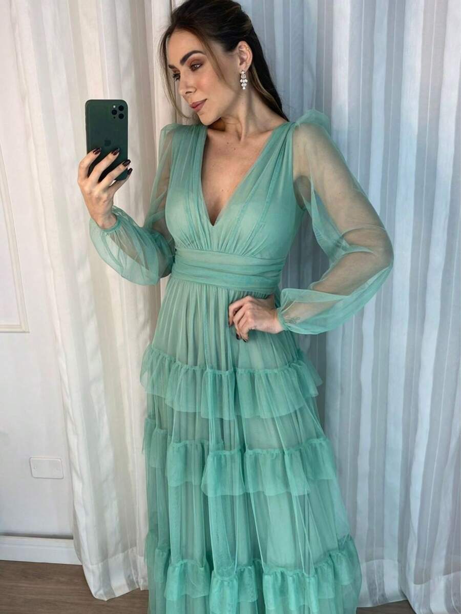 LONG DRESS FOR WEDDING BRIDESMAID TULLE LAYERS LONG SLEEVES - Mint Green - View 1