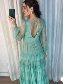 LONG DRESS FOR WEDDING BRIDESMAID TULLE LAYERS LONG SLEEVES - Mint Green - View 2