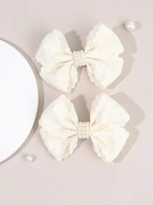 2pcs White Hair Bow Clips For Girls,Fabric Yarn Pearl Hair Bows Clips For Kids,Fashion Alligator Clips Decor Hair Accessories For Toddlers Gifts