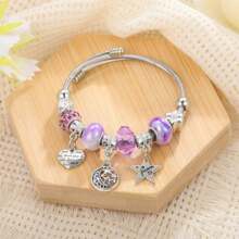 Popular Classic Silver Stainless Steel Bracelet Exquisite Pendant Alloy Adjustable Couple Bracelet - 紫色 - 查看 1