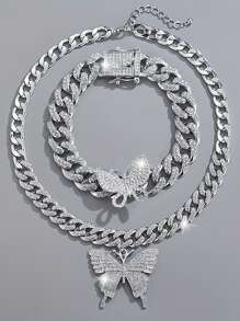 2 件银蝴蝶吊坠链项链和手链套装，男女皆宜的嘻哈珠宝，情人节和母亲节礼物，适合她和他、妈妈、母亲、母亲节、礼物的时尚配饰