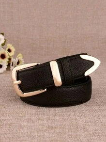 1 Piece 3cm Litchi Embossed Belt, Versatile Style, Metal Buckle For Everyday Use With Leather Lining - Black - View 2
