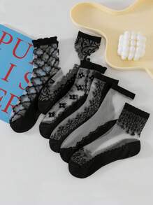 5 Pairs Women Short Socks, Lace Glass Silk, Fashion Casual, Spring/Summer Thin Breathable Moisture-Wicking Sexy Thin Socks Suitable For Daily Use & Sports - Multicolor - View 3