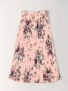 女士缎面印花系带百褶优雅半身裙 - 粉色 - 查看 2