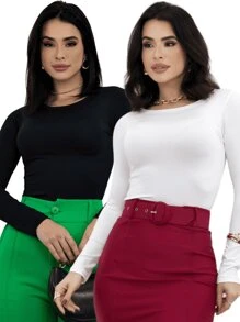 Kit 2 Women's Long Sleeve Blouse Cold Weather Round Neck Winter - Black and White - View 7