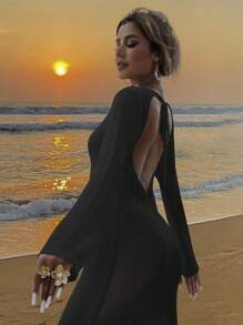 Women's Solid Color Hollow Out Backless Beach Summer Vacation Long Sleeve Bodycon Dress - Black - View 6