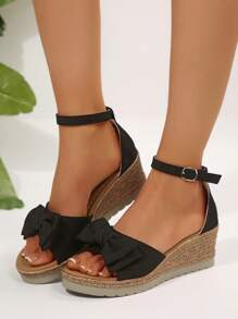 Women's Mesh Bow Decor Platform Wedge Sandals, Comfortable Buckle Closure, Summer,Travel Essential - Black - View 1