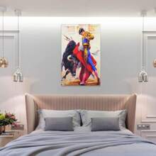 1 pieza Pintura al óleo con marco de madera de decoración de arte de torero español, arte de pared de toro de corrida occidental, decoración de pared, decoración para el hogar, decoración para la sala de estar (40x60cm) Marco - Enmarcado - Ver 8