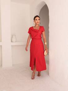 Skirt And Blouse Set In Twill Viscose Short Sleeve Blouse With Boat Neckline Midi Skirt With Flared Model With Pockets And Front Slit - 紅色 - 查看 3