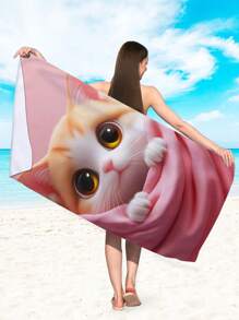 1pc Cute Cat Print Microfiber Beach Towel, Absorbent Swimming Bathroom Travel Blanket Summer,Holiday