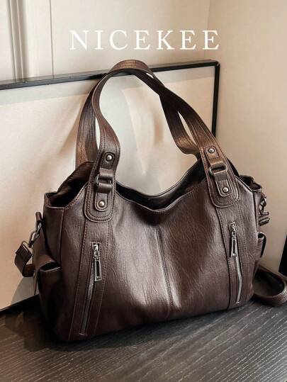 大容量纯色女士单肩包，时尚女士手提包，空间宽敞，可个性化定制，适合日常使用、上学、外出、购物、送礼、旅行、通勤等场合。