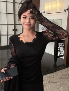 Autumn/Winter New Sexy Lace Patchwork Knit Slim Fit Camisole Top - Black - View 2