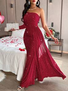 Elegant Ruffle Trim Asymmetric Neckline One Shoulder Long Dress, Suitable For Parties, Events, Holidays, Anniversaries, Party Dress, Wedding Guest Dress, Formal Dress, Evening Dress,Gown - Red - View 6