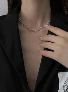 1 件时尚简约回形针链项链，适合男女日常佩戴 - 銀色 - 查看 2