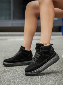 女士时尚复古卡其色系带拼接高帮平底滑板鞋，简约舒适轻便户外百搭休闲运动鞋，男女通用情侣款 - 黑色 - 查看 3