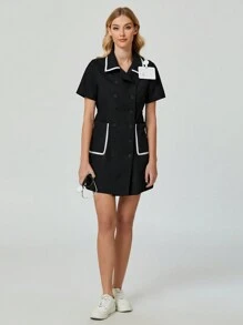 cimmuovere Ribbon Design Double-Breasted Collar & Pocket Elastic Waist Casual Or Professional Commute Elegant Women Pocket Lab Coat Surgical Gown Nurse Clinic Dental Doctor Beauty Salon Psychologist Private Care Dress Veterinary Hospital - Black - View 3
