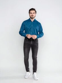 Men's Plain Wrinkle-Free Dress Shirt - Medium Wash - View 8