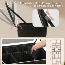 15''X11'' Large Makeup Bag With Removable Lighted Mirror, Professional Travel Makeup Train Case PU Leather Cosmetic Make Up Organizer With Adjustable Dividers & Brush Storage Board - màu đen - Xem 6