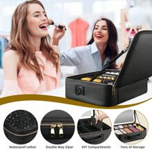 15''X11'' Large Makeup Bag With Removable Lighted Mirror, Professional Travel Makeup Train Case PU Leather Cosmetic Make Up Organizer With Adjustable Dividers & Brush Storage Board - màu đen - Xem 5