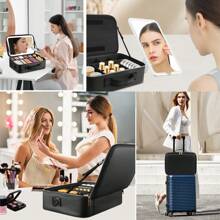 15''X11'' Large Makeup Bag With Removable Lighted Mirror, Professional Travel Makeup Train Case PU Leather Cosmetic Make Up Organizer With Adjustable Dividers & Brush Storage Board - màu đen - Xem 8