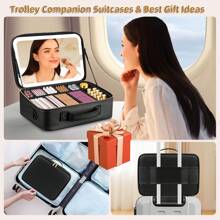 15''X11'' Large Makeup Bag With Removable Lighted Mirror, Professional Travel Makeup Train Case PU Leather Cosmetic Make Up Organizer With Adjustable Dividers & Brush Storage Board - màu đen - Xem 7