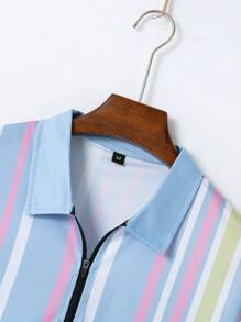 2pcs/Set Hawaiian Bright Colors Summer Outfit, 3D Striped Print Zip Polo Shirt + Shorts, Lightweight Polyester Fabric Men's 2-Piece Sportswear Set - Blue - View 4