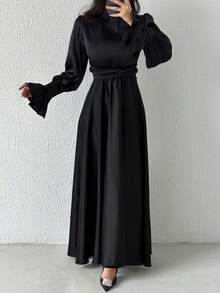 Robe de mariée maxi à lacets en satin, robe de soirée de mariage élégante pour femmes au printemps, fluide et affinante - Noir - Voir 4