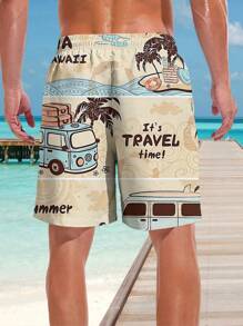 Open Phase 男士 3D 夏季房车椰子树印花沙滩裤，夏威夷风情 - 彩色 - 查看 3