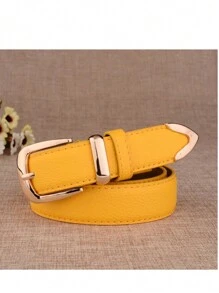1 Piece 3cm Litchi Embossed Belt, Versatile Style, Metal Buckle For Everyday Use With Leather Lining - Turmeric - View 1