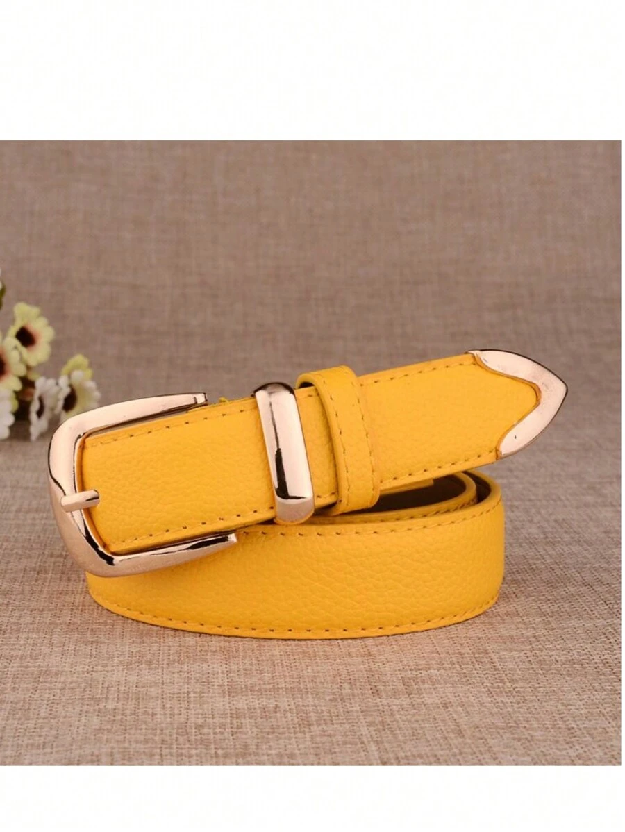 1 Piece 3cm Litchi Embossed Belt, Versatile Style, Metal Buckle For Everyday Use With Leather Lining - Turmeric - View 1
