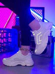 Women's Outdoor All-Season Fashion Versatile Simple Comfortable Breathable Anti-Slip Solid Color Low-Top Thick-Sole Sneakers, Casual, Chunky Sneakers, White Shoes