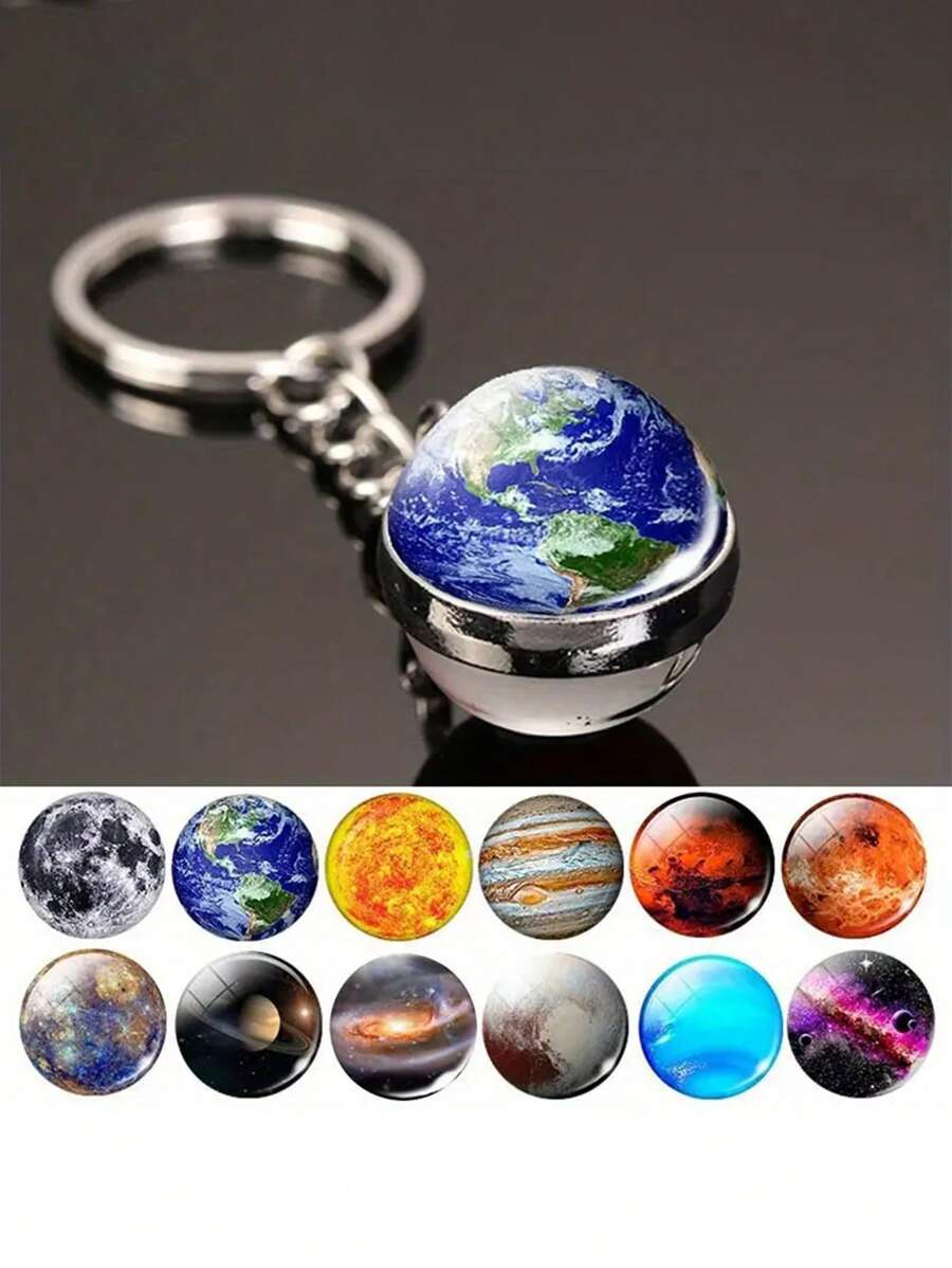发光星球钥匙扣套装，太阳系玻璃/合金金属地球仪钥匙扣，球形行星/宇宙图案，生日/节日装饰礼物，女士带环钥匙扣 - 彩色 - 查看 1