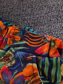 Set di bermuda e camicia a maniche corte con colletto alla coreana, stampato con foglie tropicali e motivi floreali, adatto per ragazzi, per l'estate