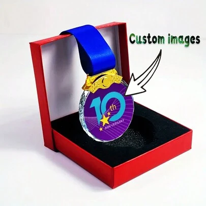 1pc Customizable Crystal Award Medal/Trophy Tag, Blue Striped Ribbon, Customizable Color & Logo, Creative Crystal Award, Sports Trophy, Blank Printable UV Award Medal, Creative Crystal Award Design, Gold/Silver/Bronze Color, Unique Sports Medal, Men's Apparel, Capsule Wardrobe, Men's Basics/Streetwear, Ideal Gift For Him, Suitable For Holiday/Vacation, School/Competition, Sports/Climbing