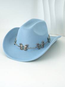 1pc Silvery Metal Butterfly Felt Cowgirl Hat, Fashionable , Suitable For Western-Style Outfits And Occasions Like Western Themed Events, Music Festivals