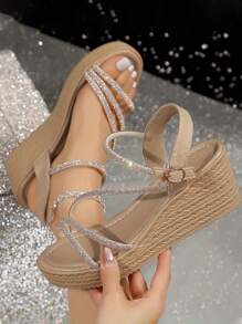 Sandalias de mujer con pedrería y cuña abierta Cuñas de plataforma - Albaricoque - Ver 1