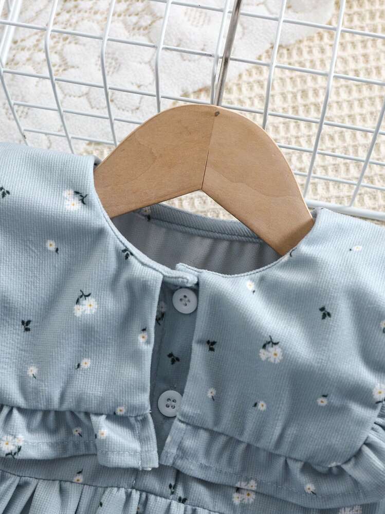 1 件女童中童花卉印花灯芯绒领宽松休闲连衣裙，柔软优雅中长连衣裙，适合春秋季节 - 水鴨藍 - 查看 3