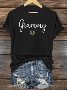 "Grammy" Printed T-Shirt With Leopard Print Heart Pattern - Comfortable Casual Breathable Women's Top T-Shirt - màu đen - Xem 1