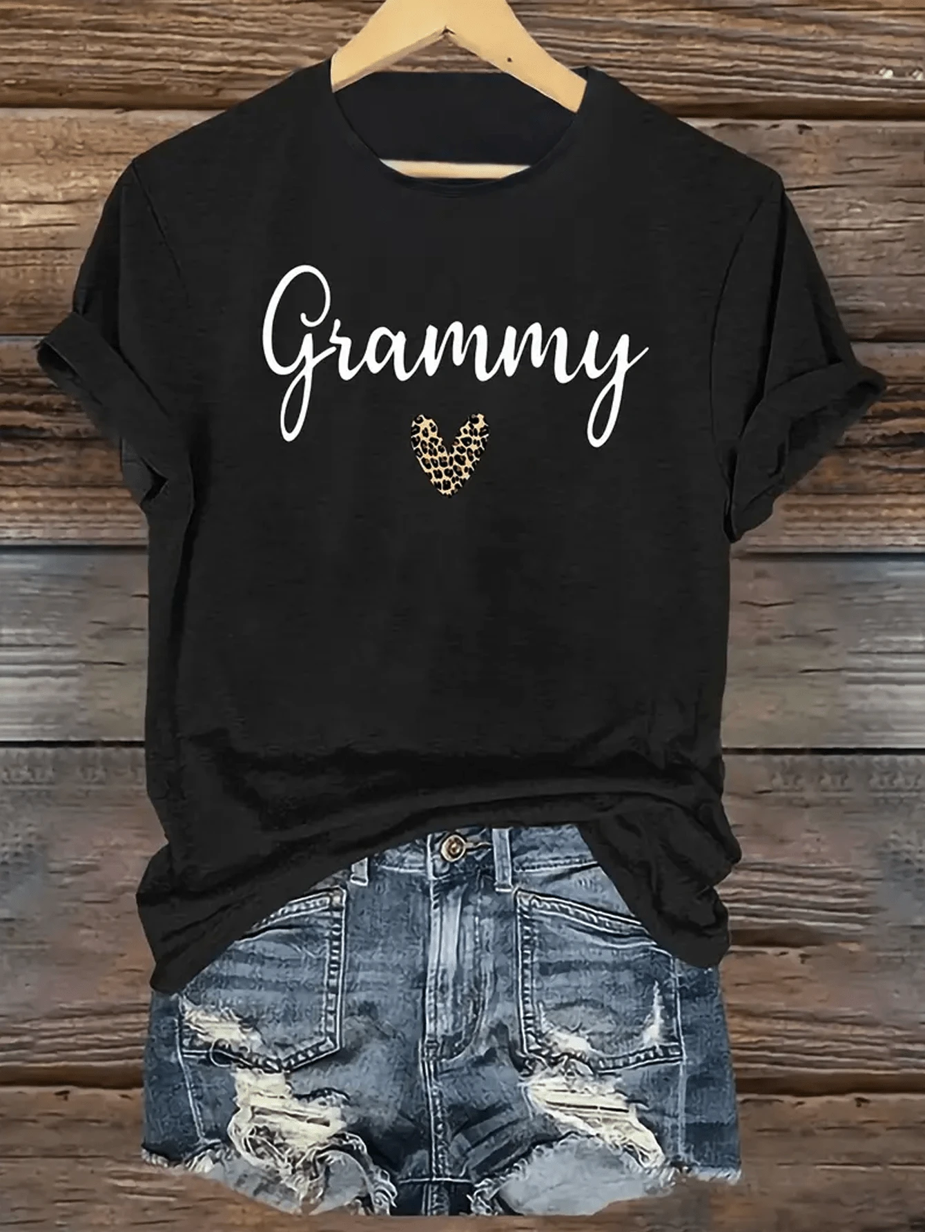 "Grammy" Printed T-Shirt With Leopard Print Heart Pattern - Comfortable Casual Breathable Women's Top T-Shirt - màu đen - Xem 1