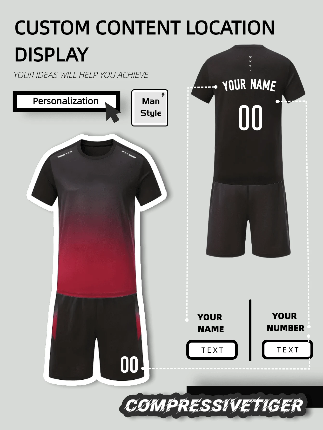 可定制渐变色运动球衣套装 - 快干透气短袖上衣和抽绳短裤，适合篮球、足球、羽毛球和休闲装 - 紅色 - 查看 1