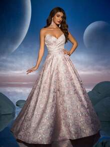 Anymoon Strapless Ruffle Jacquard Evening Dress - Pink - View 6