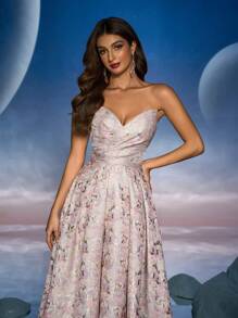Anymoon Strapless Ruffle Jacquard Evening Dress - Pink - View 7